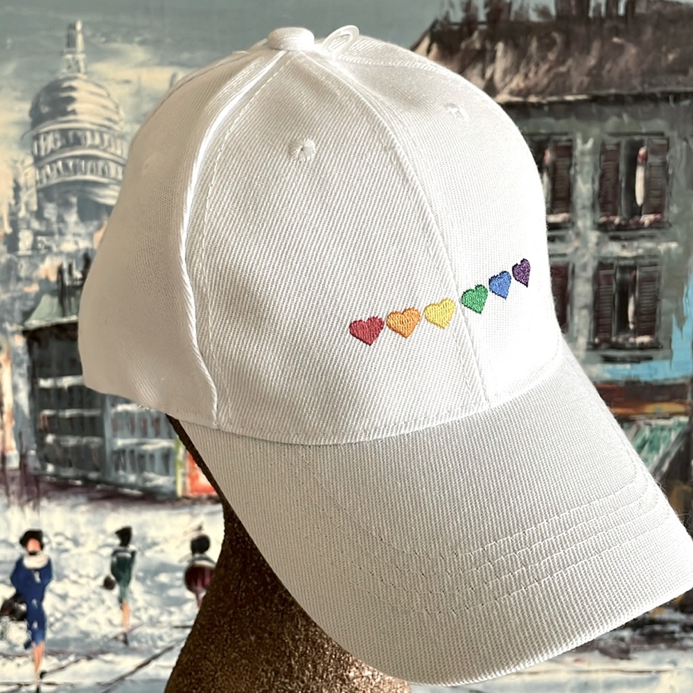 New Rainbow Pride Embroidered Hearts White Adjustable Darling Hat Unisex
